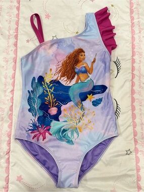 7/8, Disney The Little Mermaid Purple Swimsuit with Pink Trim